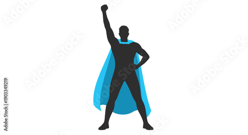 Silhouette of a superhero with a cape standing triumphantly with one arm raised.