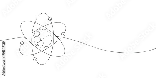 Minimal line illustration of an atom with orbiting electrons, symbolizing physics, science, atomic structure, energy, and fundamental particles.