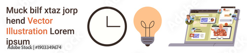 Time tracking, idea generation, online education, digital interaction, efficiency, productivity. Clock, lightbulb and laptop screen with digital elements. Time tracking and idea generation concepts