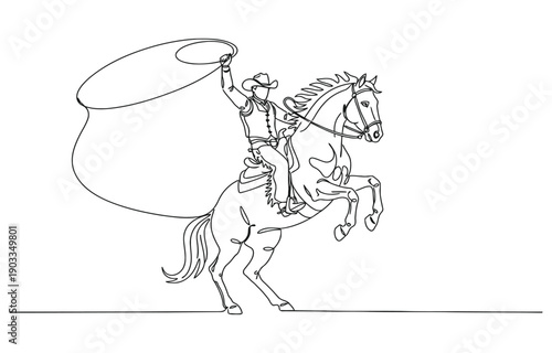Continuous one line drawing cowboy throwing lasso riding rearing up horse.