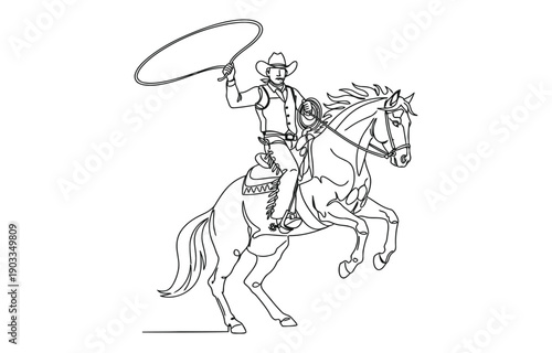 Continuous one line drawing cowboy throwing lasso riding rearing up horse.