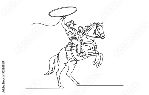 Continuous one line drawing cowboy throwing lasso riding rearing up horse.