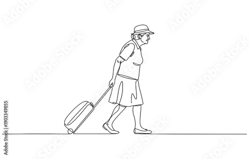 Elderly woman walking with wheelie bag in continuous line art drawing style.