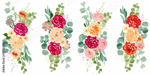 Watercolor floral arrangements with roses peonies and lush green foliage