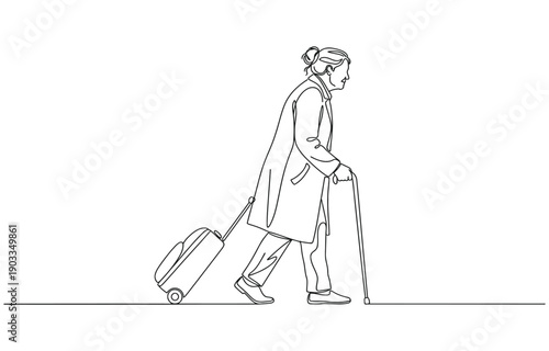Elderly woman walking with wheelie bag in continuous line art drawing style.