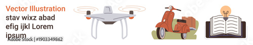 Transportation, technology, innovation, education, creativity, futuristic concepts. A quadcopter, a scooter and an open book with a light bulb. Technology and transportation ideas illustrated