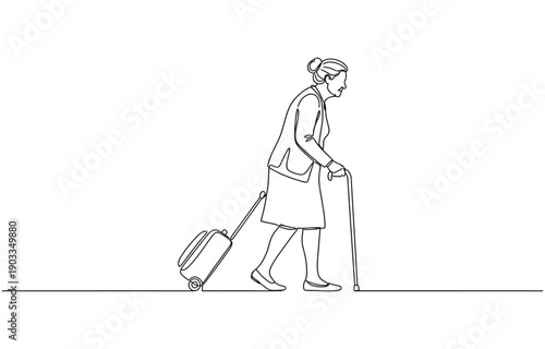 Elderly woman walking with wheelie bag in continuous line art drawing style.