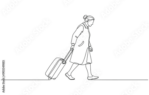 Elderly woman walking with wheelie bag in continuous line art drawing style.