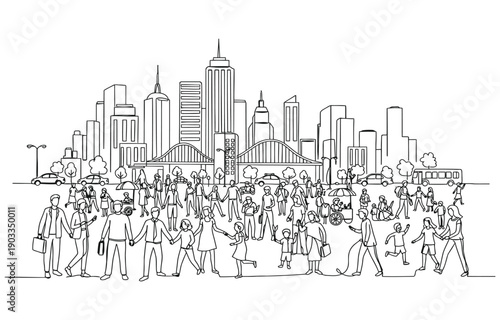 Continuous one line drawing concept of a crowd of happy people outdoors.