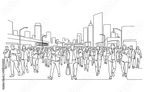 Continuous one line drawing concept of a crowd of happy people outdoors.