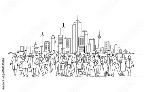 Continuous one line drawing concept of a crowd of happy people outdoors.