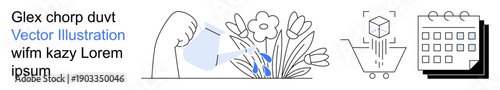 Environmental conservation, sustainability, gardening, online shopping, time management, scheduling. Hand pouring water on flowers, shopping cart and calendar in a line art style. Gardening