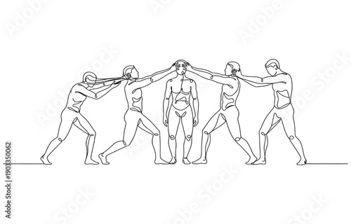 People pulling heads in one line art.