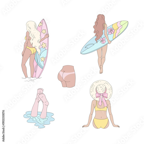 Cute Pastel Summer Girl Illustration Set with Bikini, Surfboard and Beach Elements in Feminine Hand Drawn Style for Vacation Branding and Social Media Designs