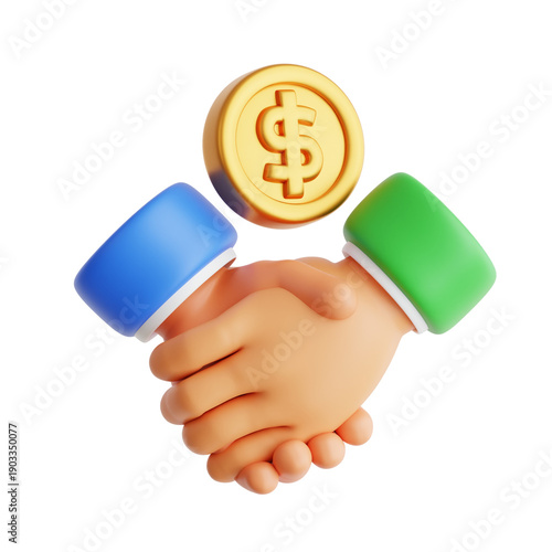 Financial Handshake Business Agreement with Golden Dollar Coin 3D