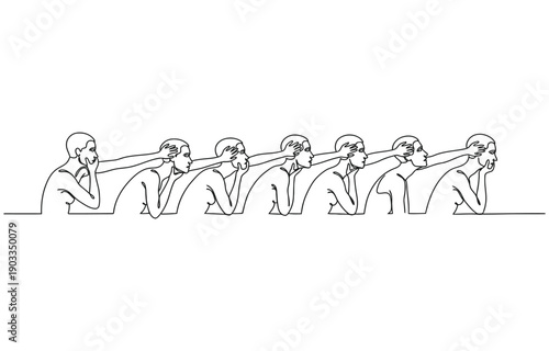 People pulling heads in one line art.