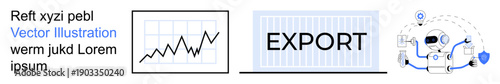 Data analysis, global trade, technology integration, export management, economic trends, online business. A graph, export label and digital network design. Data analysis and global trade