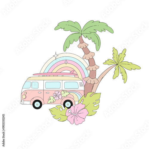 Cute Pastel Summer Camper Surfer Van Illustration with Rainbow, Palm Trees and Tropical Flowers for Travel, Road Trip, Van Life and Vacation Designs