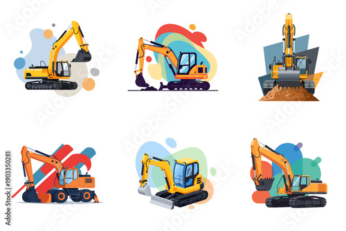 A collection of heavy machinery vehicles illustrated in various colorful styles on a clean white background