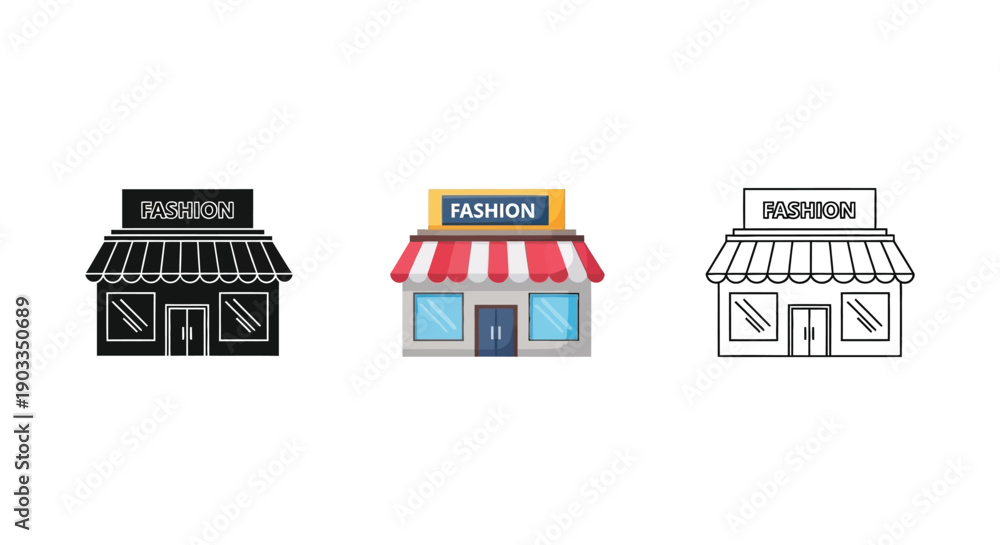 Fototapeta premium Set of three fashion store icons in flat color, silhouette, and outline styles