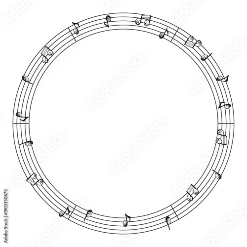 Graphic vector round frame template with musical notes. EPS illustration drawn with ink for postcards and greetings in a simple style.