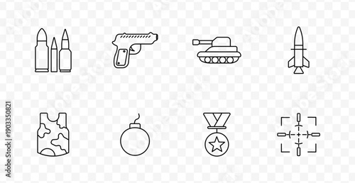 Military weapons set icon. Bullets, pistol, tank, missile, vest, bomb, medal, target in warfare combat line style.