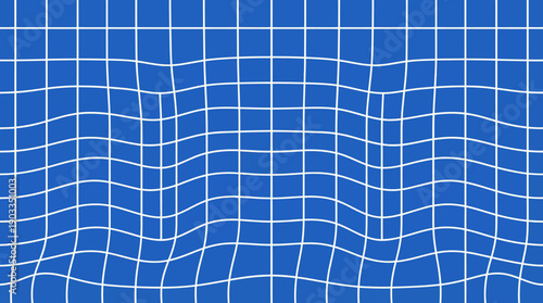 Blue abstract wavy grid background with white curved lines and geometric distortion texture