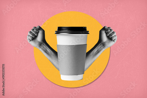 A modern art collage featuring a paper coffee cup. Invigorating coffee for successful work.