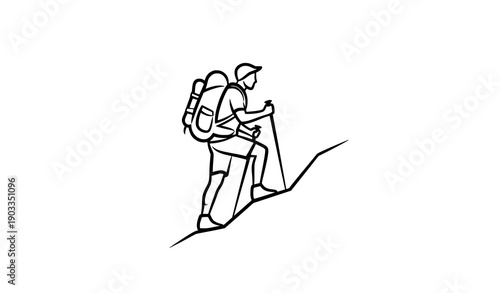 Minimal hiker mountain climbing line art vector illustration for outdoor adventure and travel design