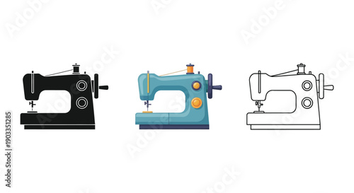Set of three sewing machine icons in black silhouette, color, and outline