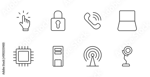 Technology set icon. Click gesture, padlock, phone call, laptop, processor, tower, antenna signal, mounted webcam drawn in minimal linear outline for digital hardware concept.