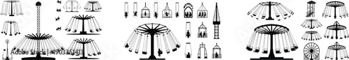 Amusement Park Swing Ride Silhouette Set with Carnival Carousel and Traditional Architectural Elements
