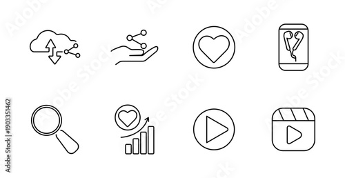Social media and interaction set icon. Cloud network, hand with nodes, heart icon, mobile chat, magnifier, analytics, play button, content panel