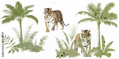 Two tigers amidst lush tropical foliage and palm trees
