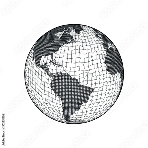 Stunning black and white globe with fishnet pattern on Americas