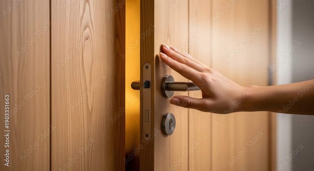 Obraz premium A human hand gently opening a modern wooden door to an inviting aroma room, representing a peaceful rest and relaxation concept with a warm and welcoming ambiance