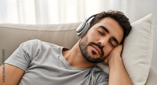 A serene young man napping soundly with comfortable headphones on a soft pillow, embodying a tranquil rest and relaxation concept