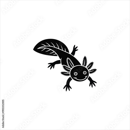 Black silhouette of a smiling axolotl with feathery gills and long tail salamander amphibian