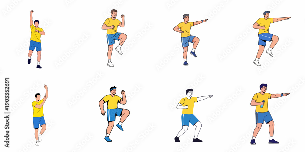 Fototapeta premium Eight Flat Design Illustrations of a Young Man Performing Various Fitness and Exercise Movements Including Cardio and Stretching Routines.