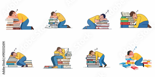 Collection of illustrations showing a tired student sleeping on piles of books, depicting academic burnout, overwork, and learning fatigue.