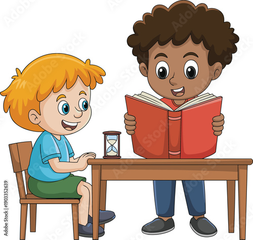 Cute cartoon children reading book together at table with hourglass, ideal for early learning, preschool education, tutoring concepts, literacy development, and kids illustrations