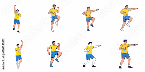 Eight Flat Design Illustrations of a Young Man Performing Various Fitness and Exercise Movements Including Cardio and Stretching Routines.