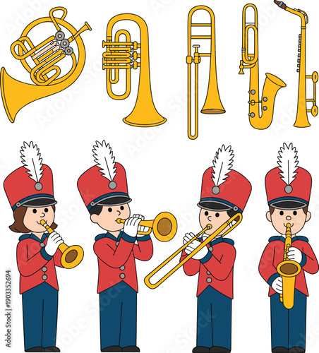 Cartoon marching band musicians with brass instruments illustration, parade music performance concept, uniformed band members, flat vector style, festival entertainment, isolated on white background