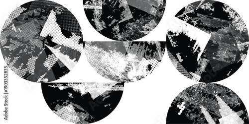 Textured black half circles composition .Graffiti art design . Noise textured semi circles . Spray effect .Grunge texture .Art design forms.Distressed element .Rough roller paint semicircles .Vector 