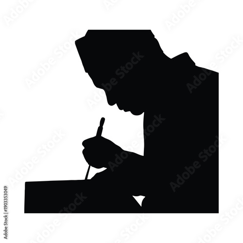 Black silhouette of a man writing or work office
