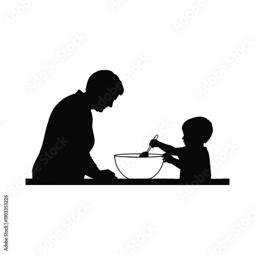And child preparing food together cooking bowl utensil