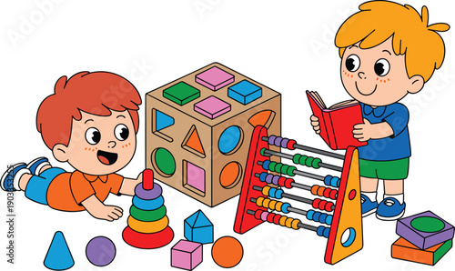 Cute cartoon children playing with educational toys illustration, early childhood learning activity, kids development concept, flat vector style, preschool education, isolated on white background