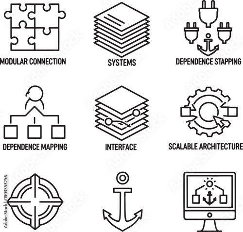 Modular System & Integration Outline Icons Set – Black and White Vector