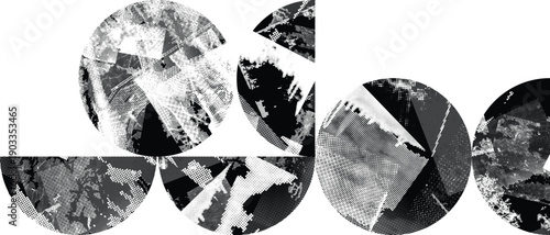 Textured black half circles composition .Graffiti art design . Noise textured semi circles . Spray effect .Grunge texture .Art design forms.Distressed element .Rough roller paint semicircles .Vector 