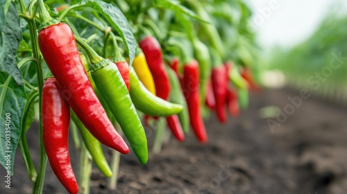 Close up of chili pepper plants growing in a garden row